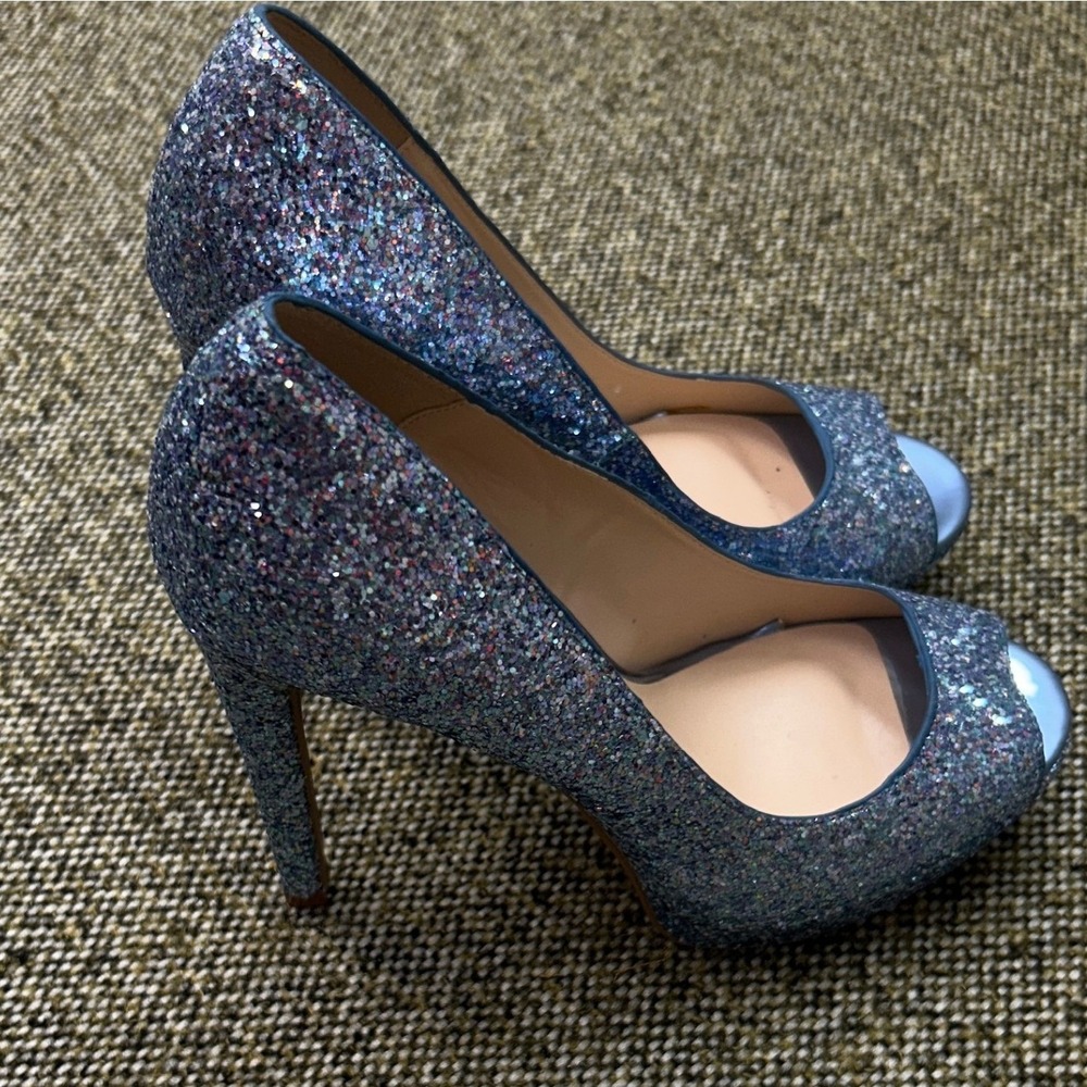 Qupid Peep Toe Pumps Womens 9 Blue Multi Glitter Stiletto Platform Good Sparkle